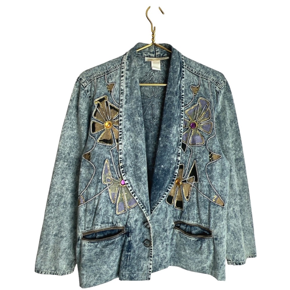 Acid Wash Denim Jacket Womens S Rhinestone VTG USA Made 80s 90s Western Y2K